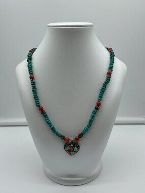 Paige Wallace Vtg Native American Coral Turquoise Sterling Silver 18" Necklace